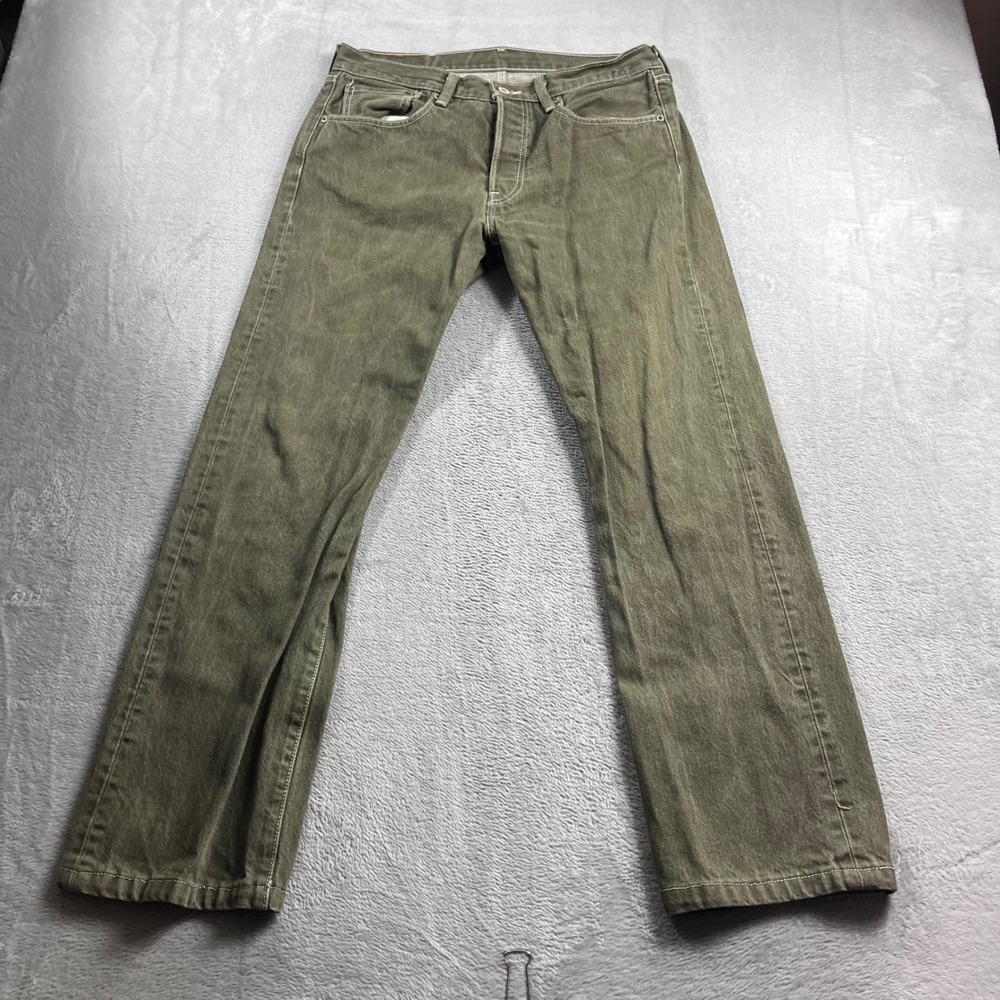 Levis 501 Original Fit Jeans Mens 32x32 Olive Green White Stitch Denim Pants